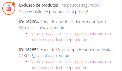 Exclusão em massa de produtos - Não foi possível excluir