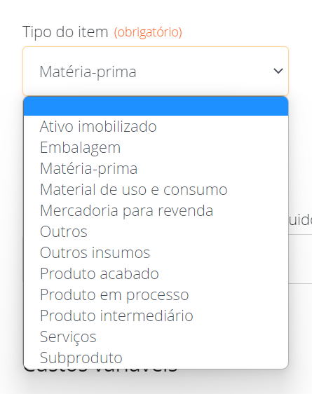 Tipo do item