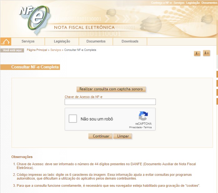 Formulário de chave de acesso