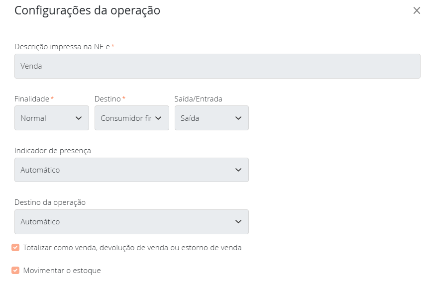 Configurações da operação