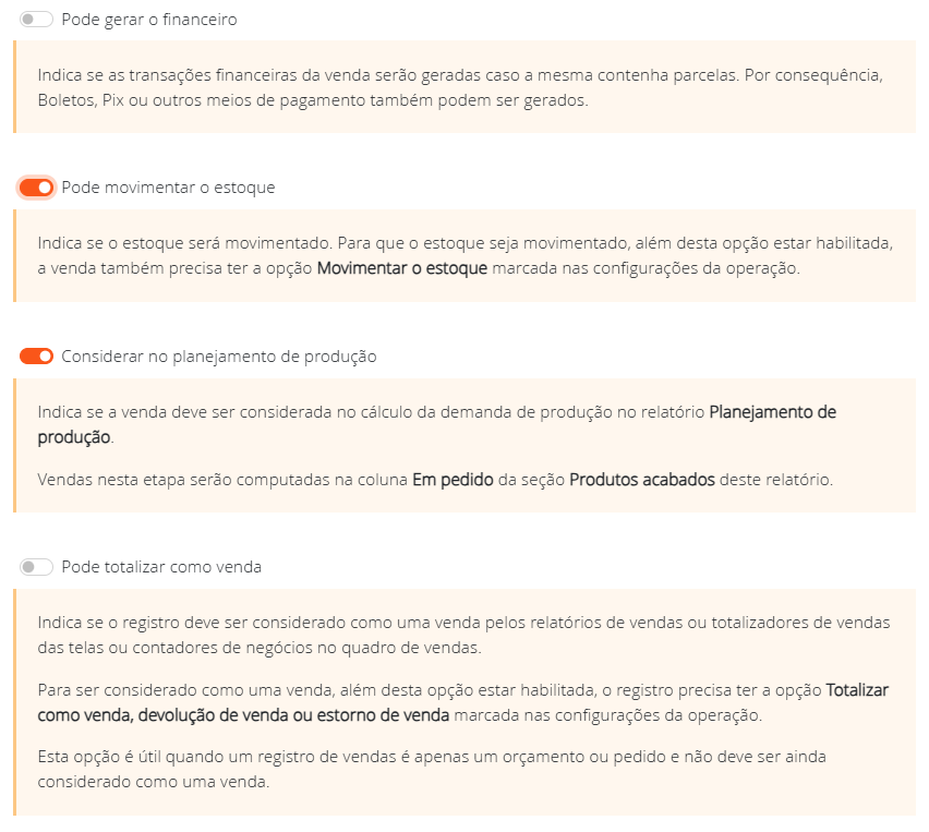 Configurações da etapa do quadro
