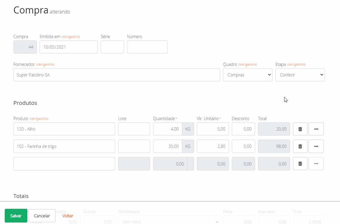 Mudando etapa dentro da compra