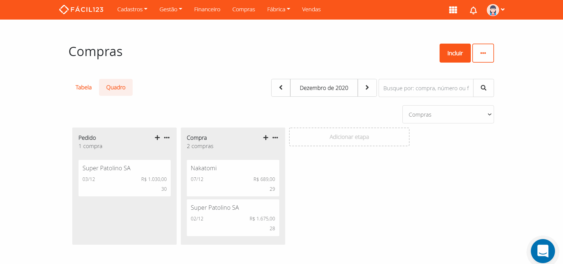 Incluindo pedido no quadro