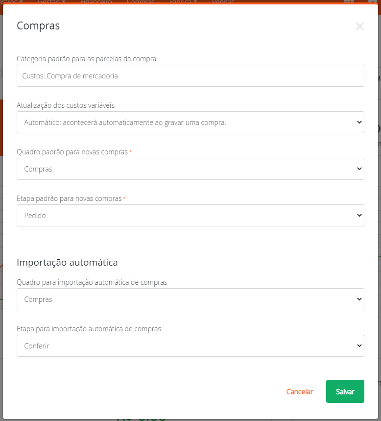 Configurações de importação automática de compras