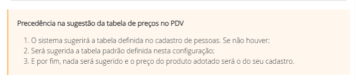 Tabela de preços no PDV