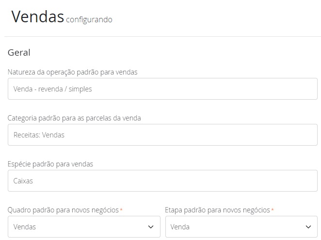 Configurações de vendas