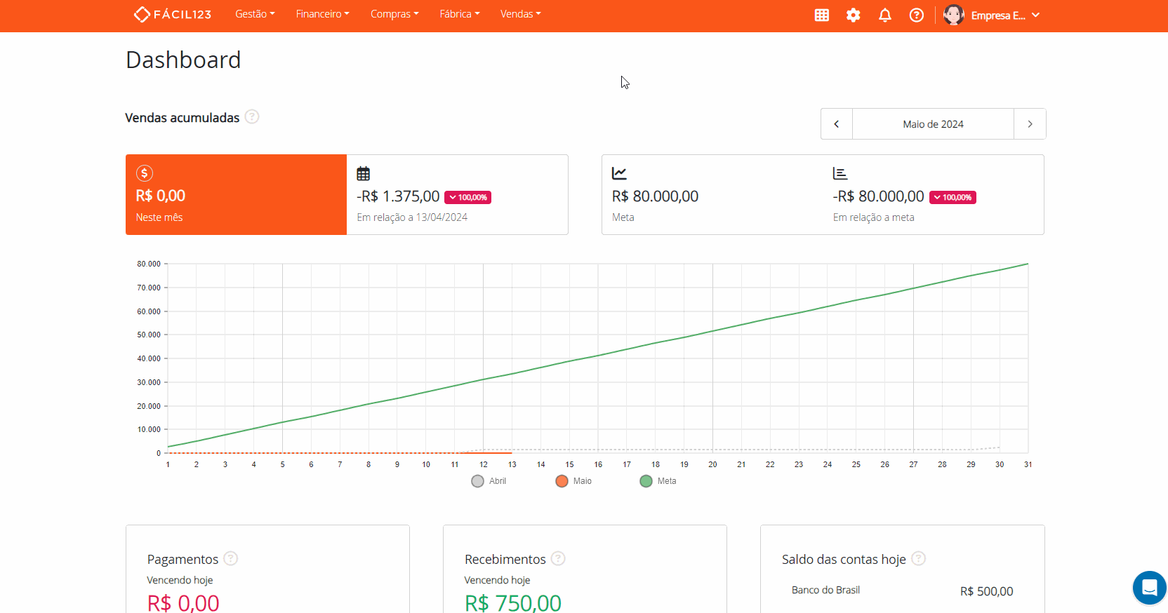Acessando configurações de vendas