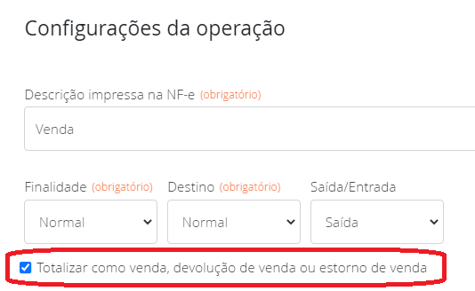 Configurações venda saída