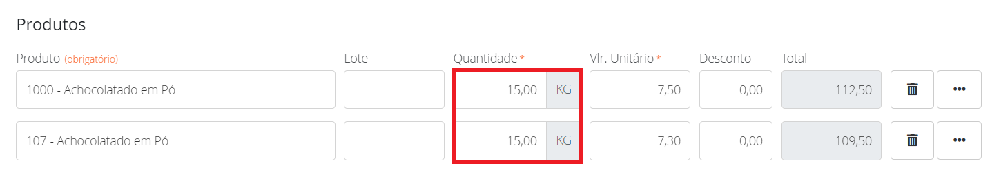Produto no pedido de compra