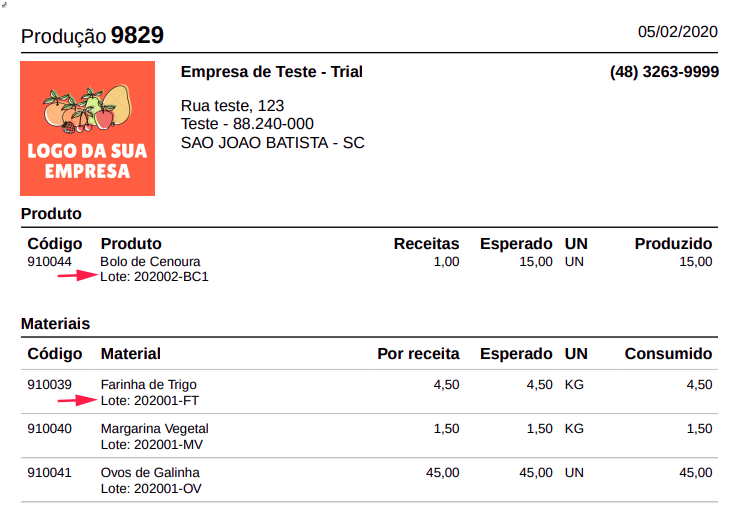 Impressão da produção com lote