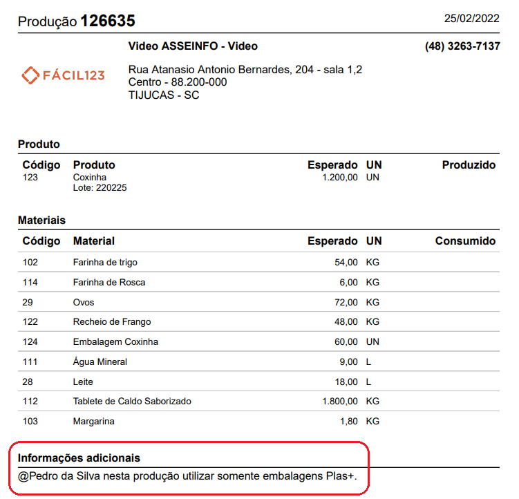 Informações adicionais na impressão da ordem de produção