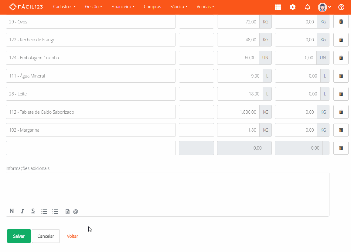 Informações adicionais na produção