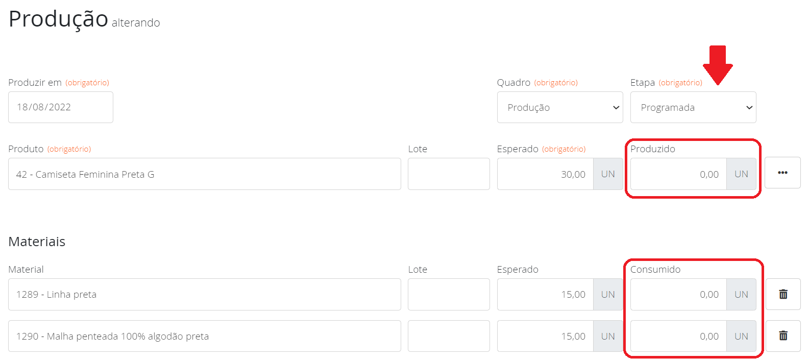 Produção na etapa programada