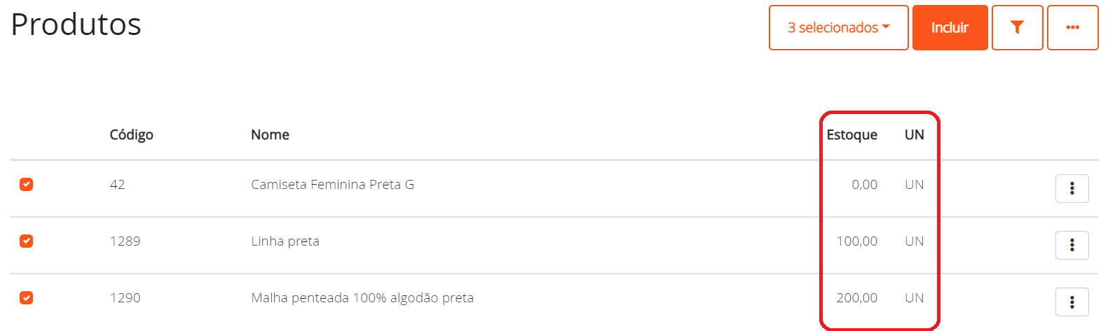 Saldo dos produtos antes da produção