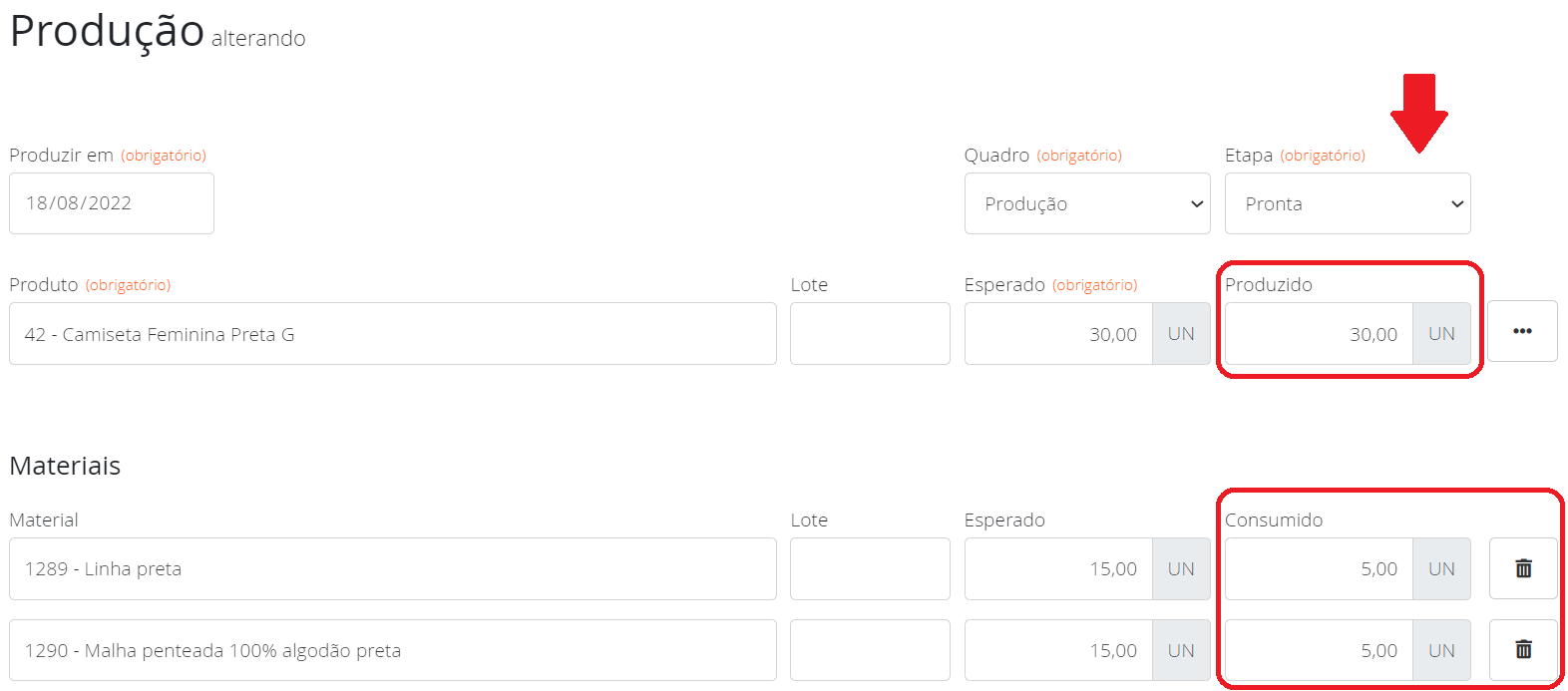 Produção alterada com produzido e consumido