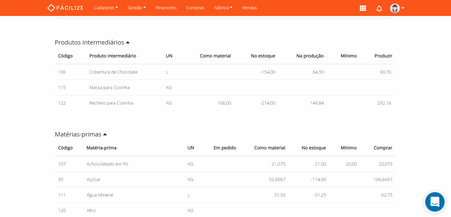 Gerar produção intermediário no planejamento