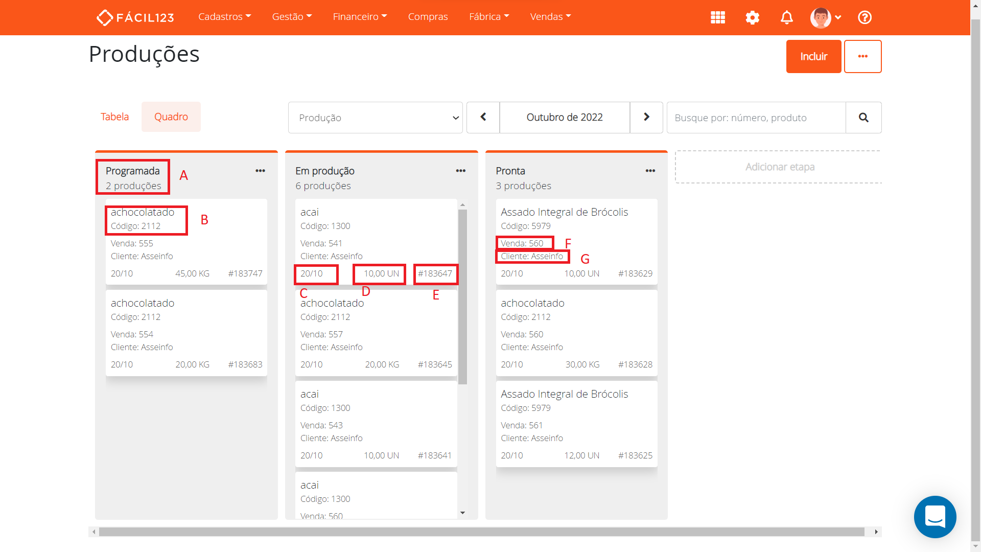 Cartão de produção no quadro