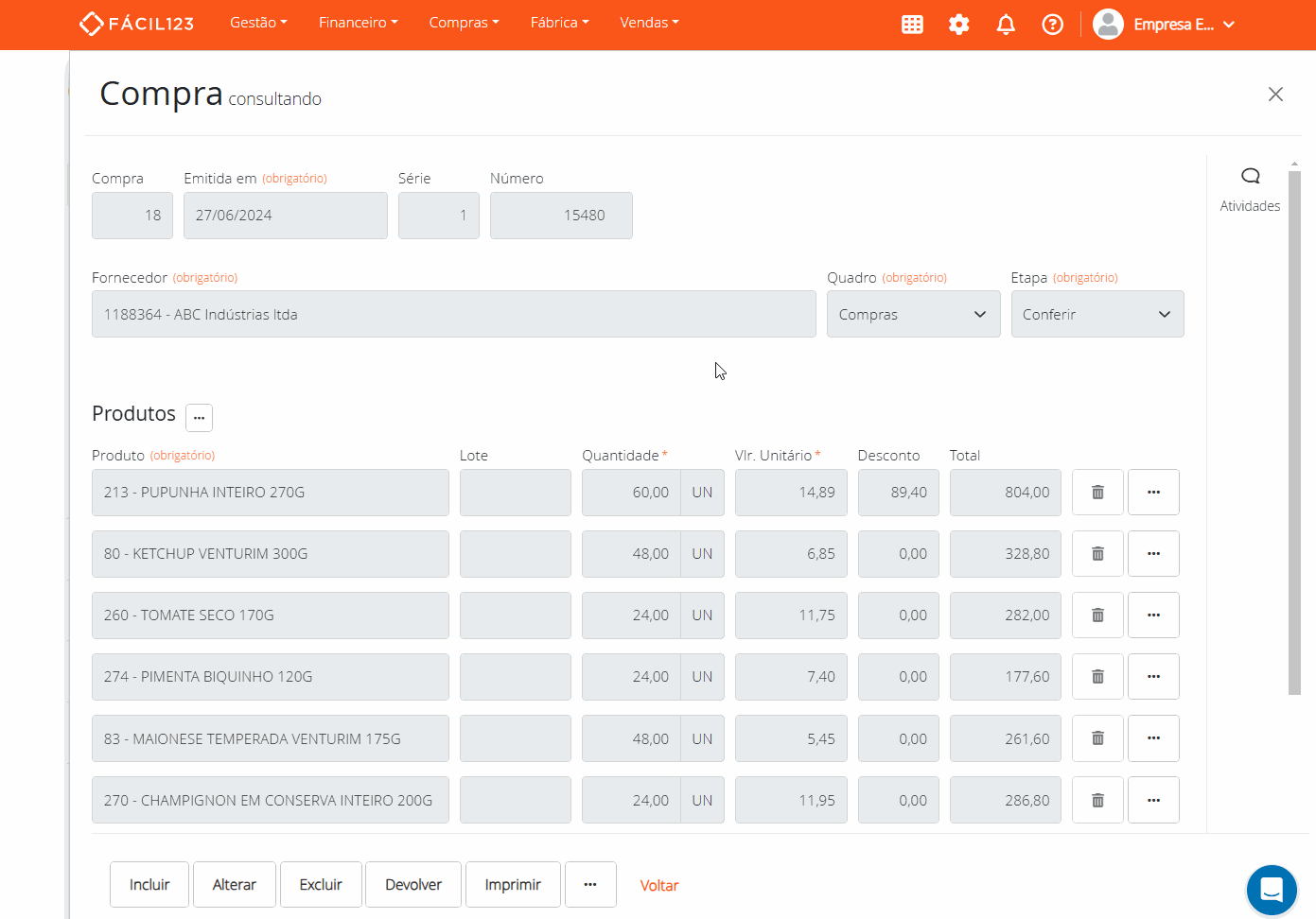 Definir lotes na compra