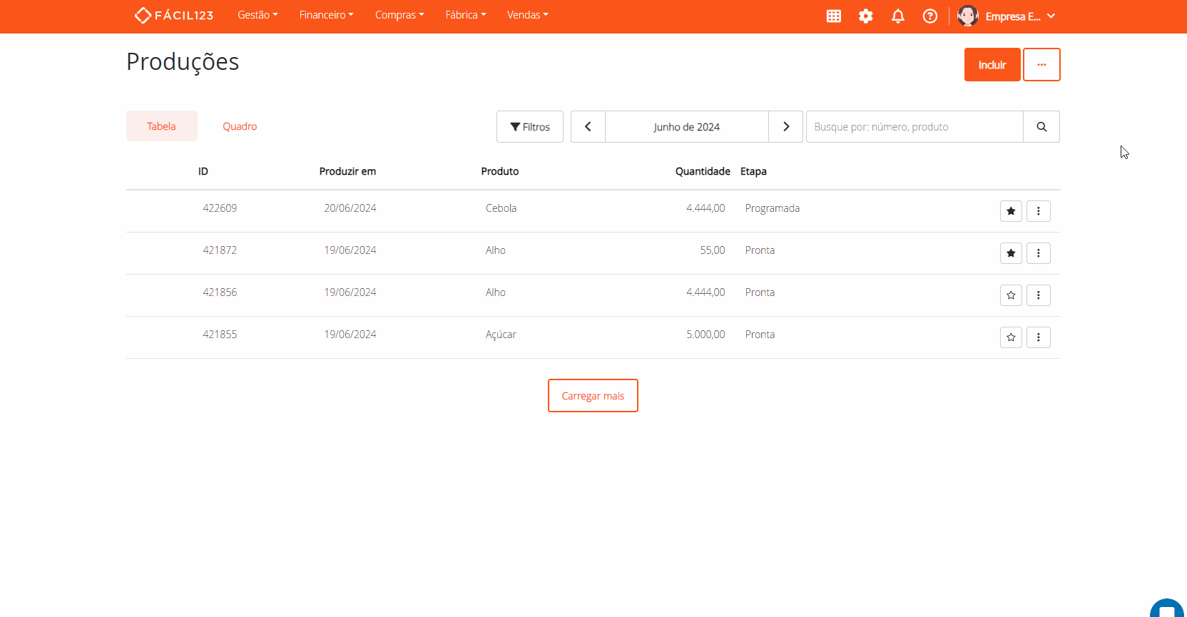 Sugestão de lote na produção