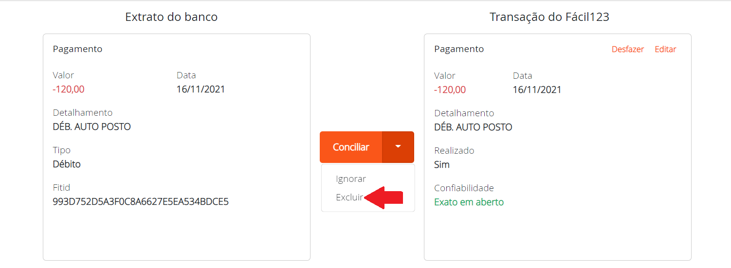 Excluindo uma conciliação