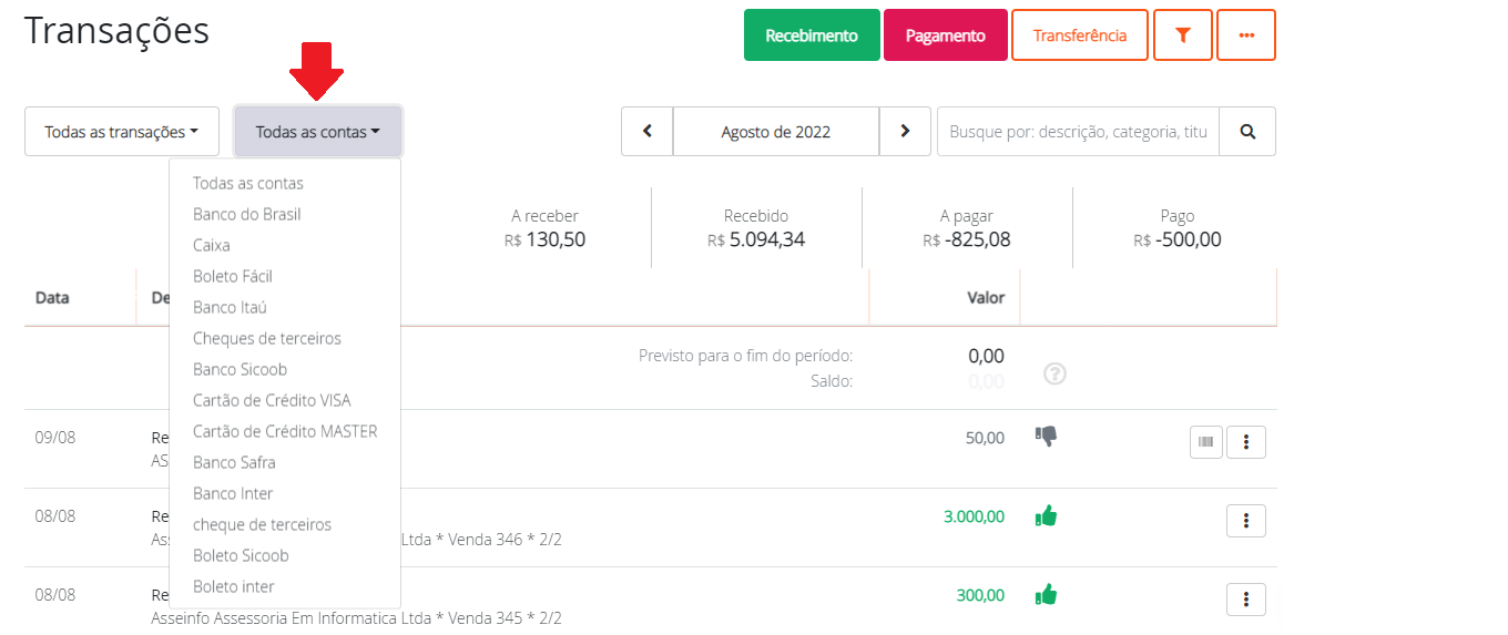 Filtro por conta bancária