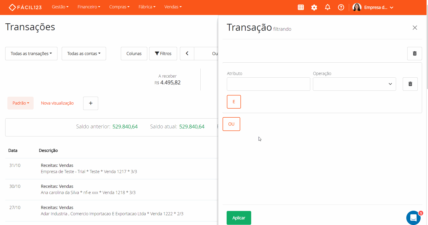 Entidade e atributo filtro