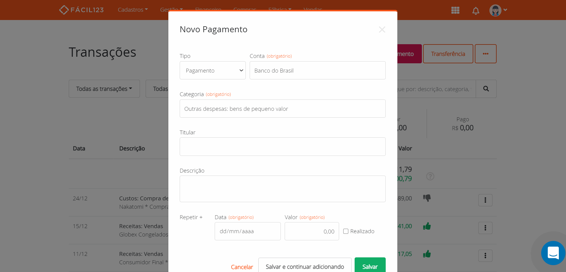 Cadastrando titular no pagamento ou recebimento