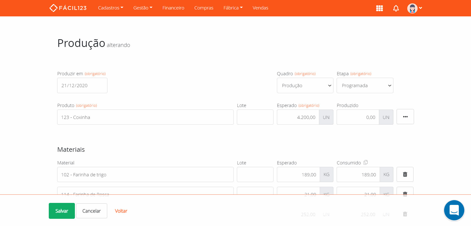 Informando produzido e etapa pronta