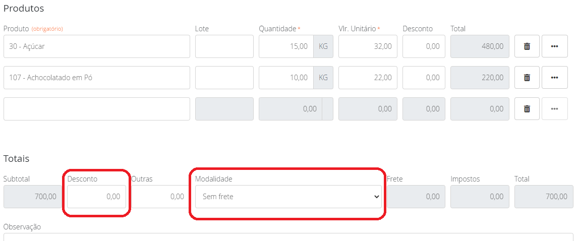 Frete e desconto