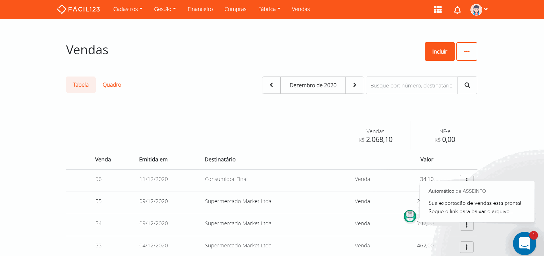 Exportação de vendas no Chat