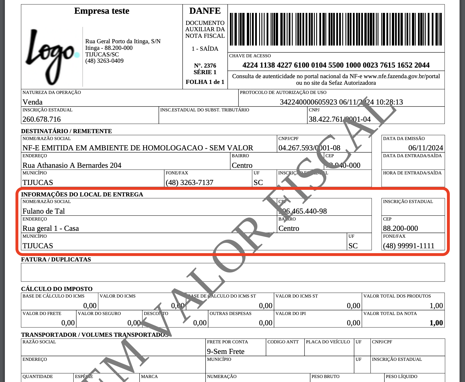 Endereço de entrega na NF-e