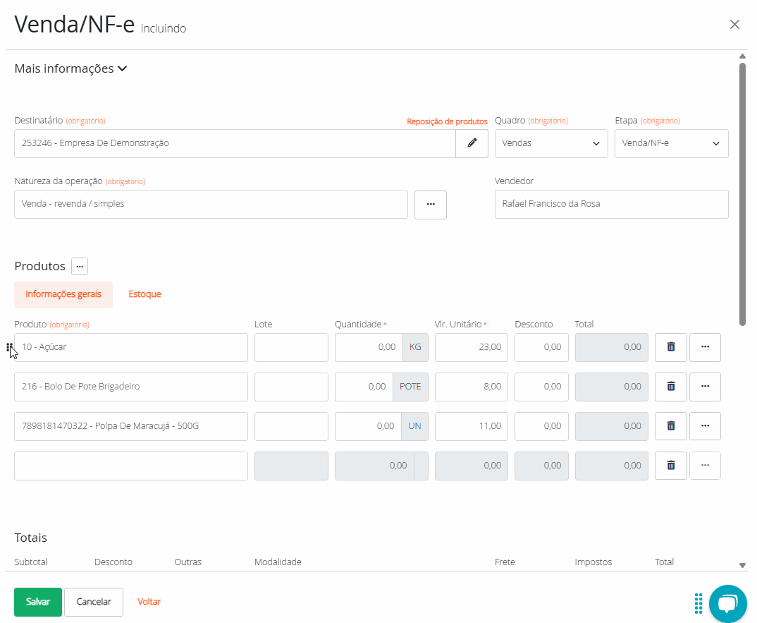 Alterando ordem dos itens da venda
