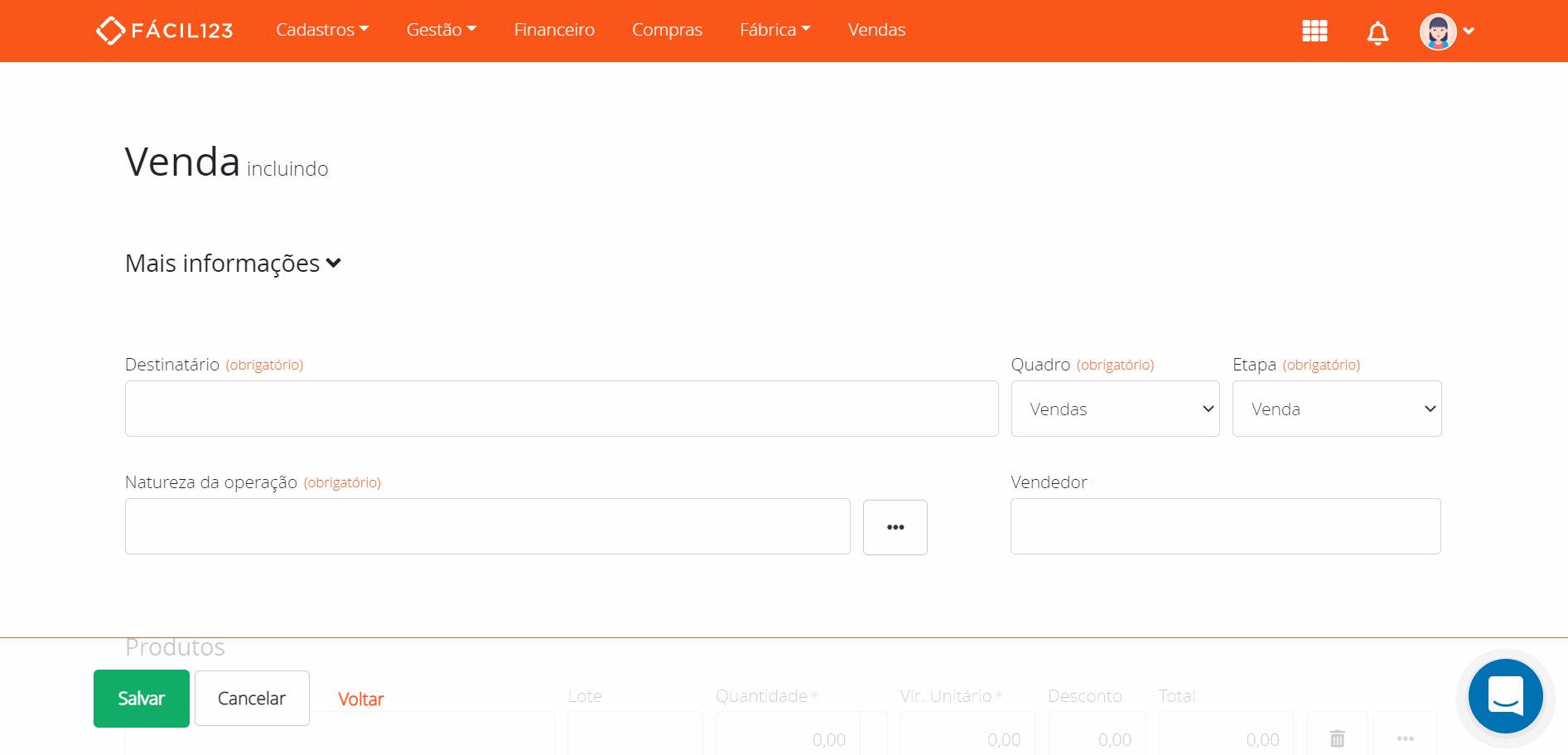 Cadastrando destinatário na venda