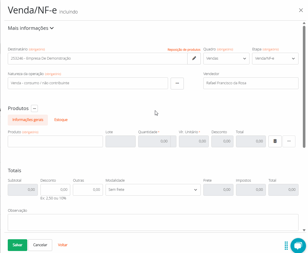 Editando pessoa na venda