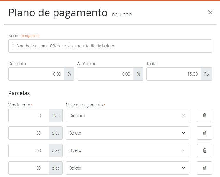 Plano de pagamento 1+3 no boleto com acréscimo