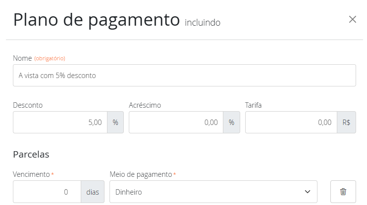 Plano de pagamento à vista com desconto