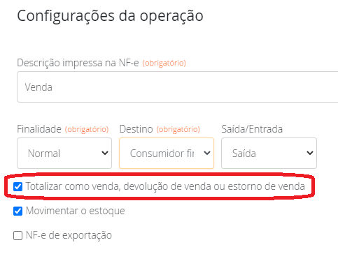 Configurações da operação de venda
