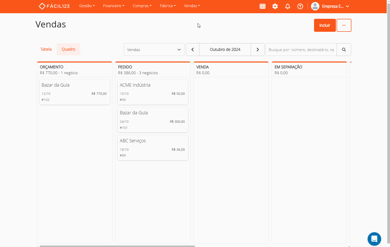 Recolher colunas no quadro de vendas