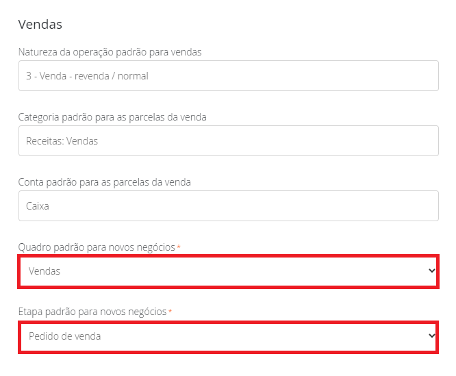 Configurando uma venda